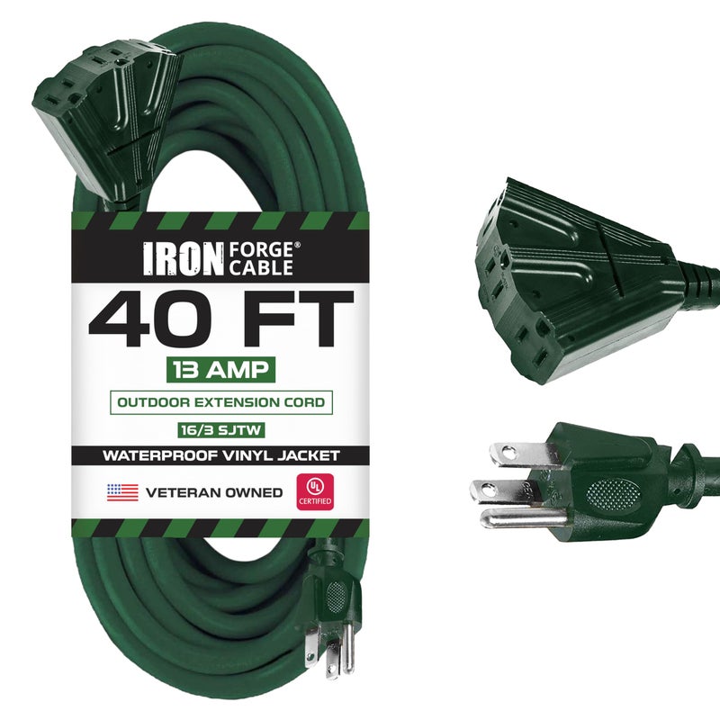 IRON FORGE CABLE 40 Foot Outdoor Extension Cord with 3 Electrical Power Outlets - 16/3 SJTW Durable Cable - Image 1